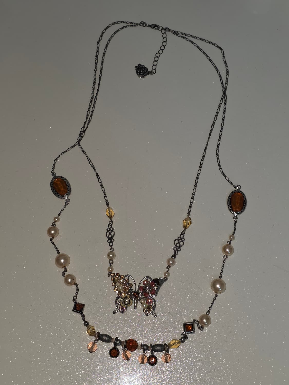 엑시즈팜 희귀 일본고전빈티지)2연줄 버터플라이 앤틱 비즈큐빅 로맨틱목걸이 상품이미지3