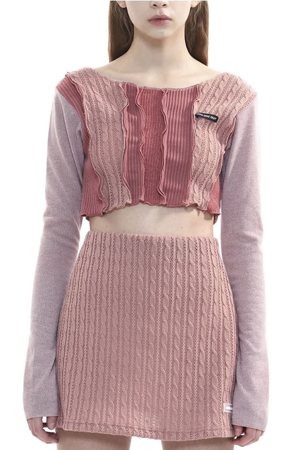 오드원아웃 패치워크 니트 크롭 핑크 y2k 빈티지 긴팔 티셔츠 보헤미안 상품이미지2