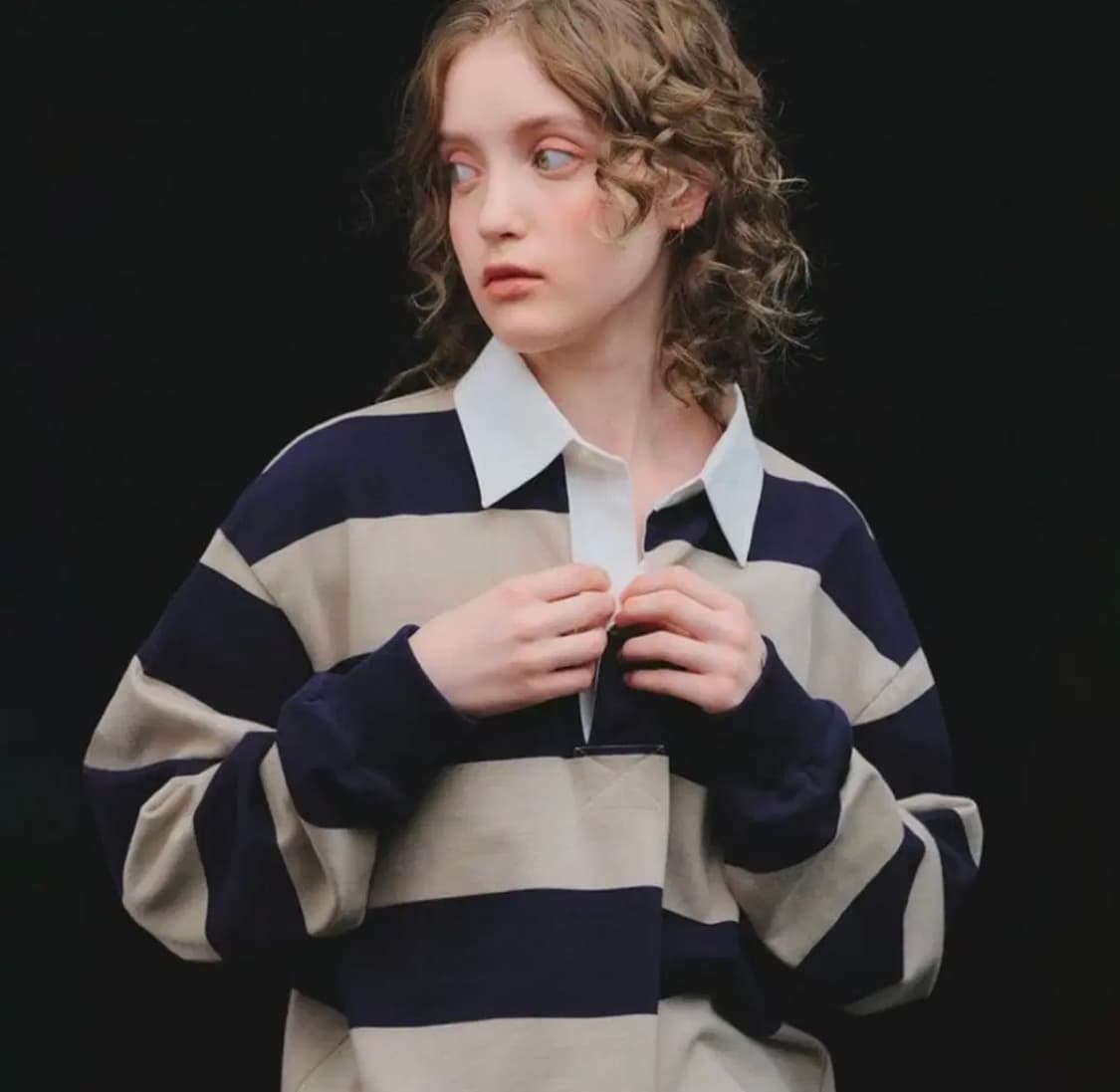 오로 oro 루즈핏 스트라이프 럭비 티셔츠 샌드베이지 S 상품이미지1