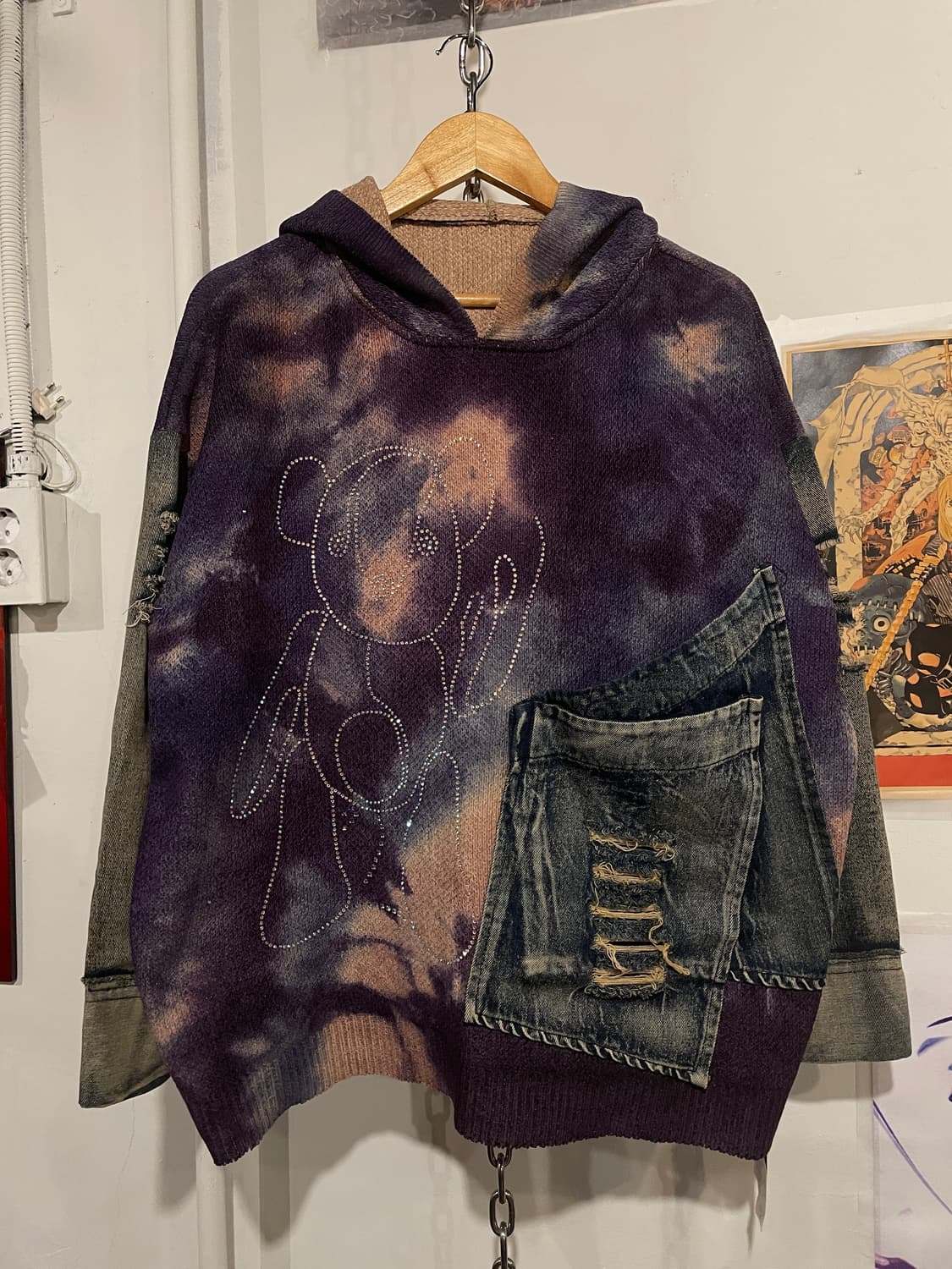 곰돌이 비즈 데미지 디테일 워싱 오버핏 후드티 상품이미지2