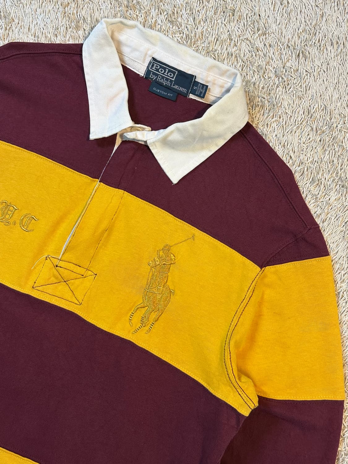 90's 폴로 랄프로렌 골드 빅포니 스트라이프 럭비티 버건디옐로우 상품이미지2