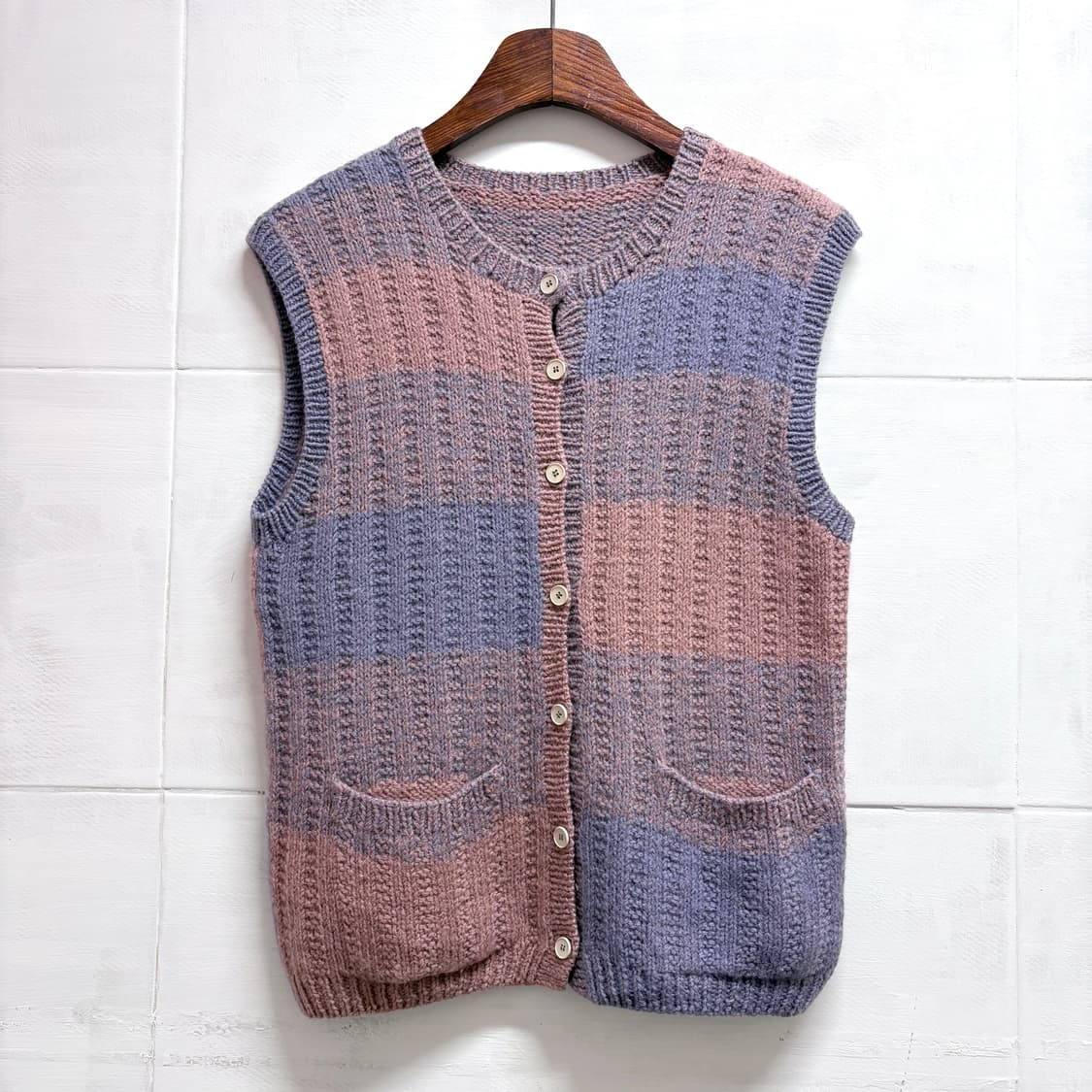 핑크 퍼플 핸드메이드 니트 베스트 조끼 (JPN) 상품이미지1