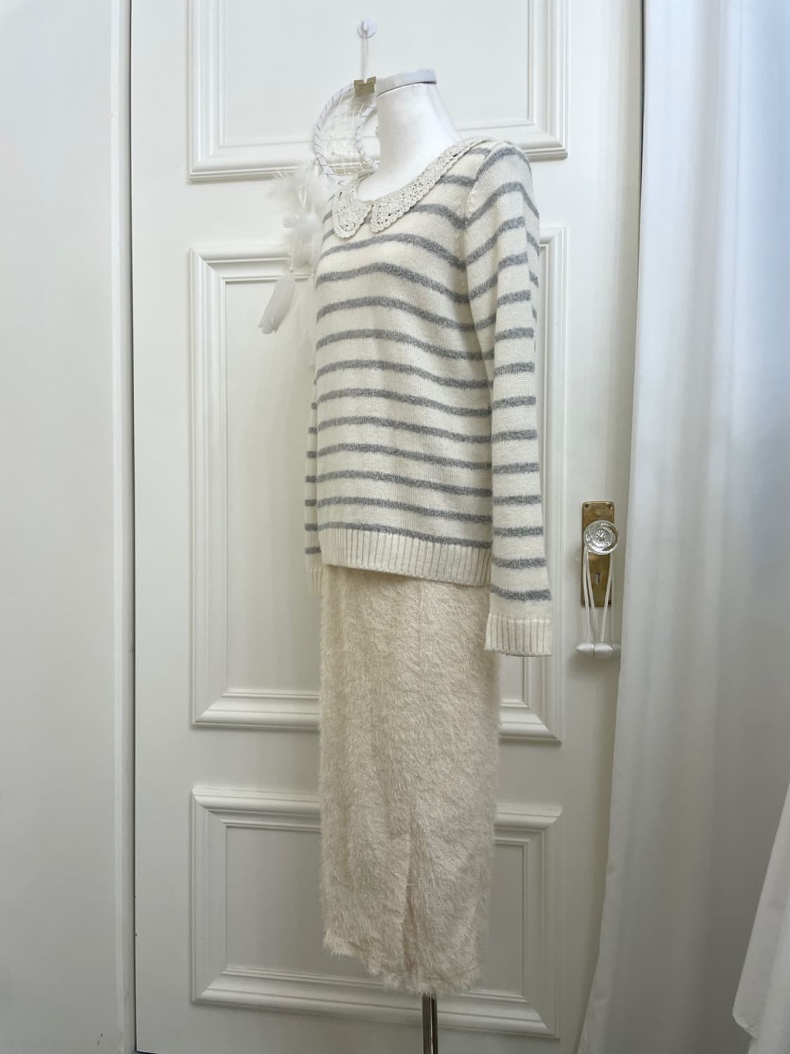 EAST BOY ivory gray stripe lace collar w 상품이미지3