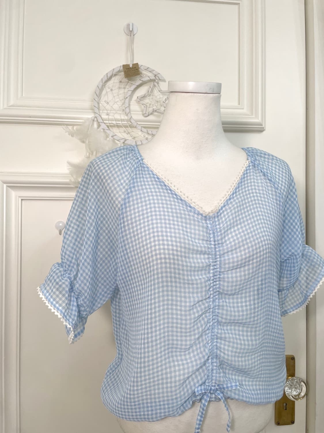 sky blue check shirring chiffon blouse 상품이미지5
