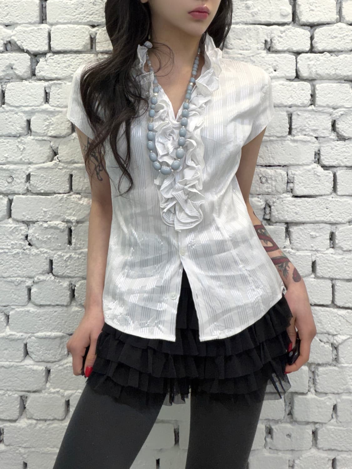 Sheer Ruffle Stripe Blouse 상품이미지2