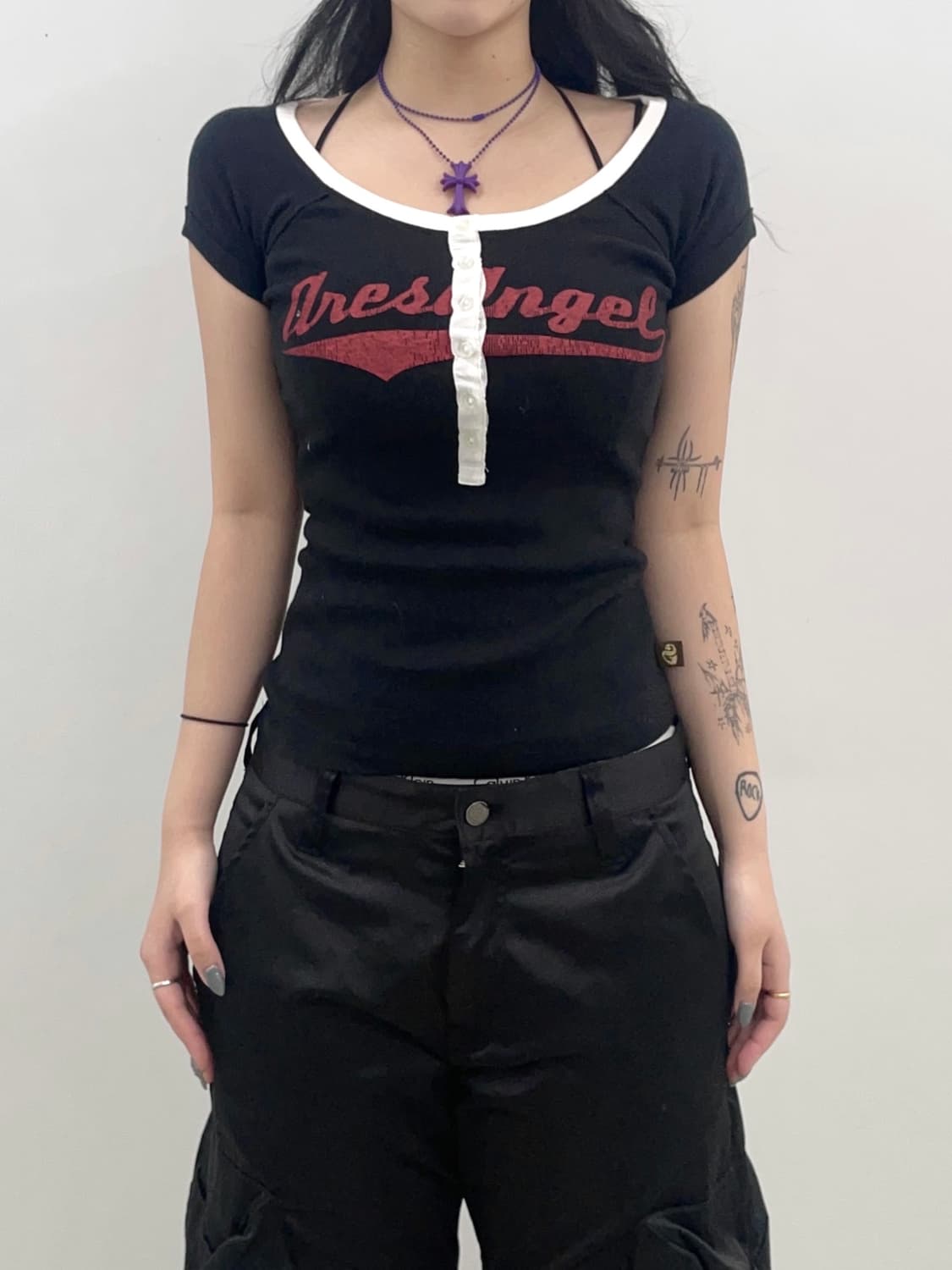  Y2K Button red lettering T-shirt 상품이미지1