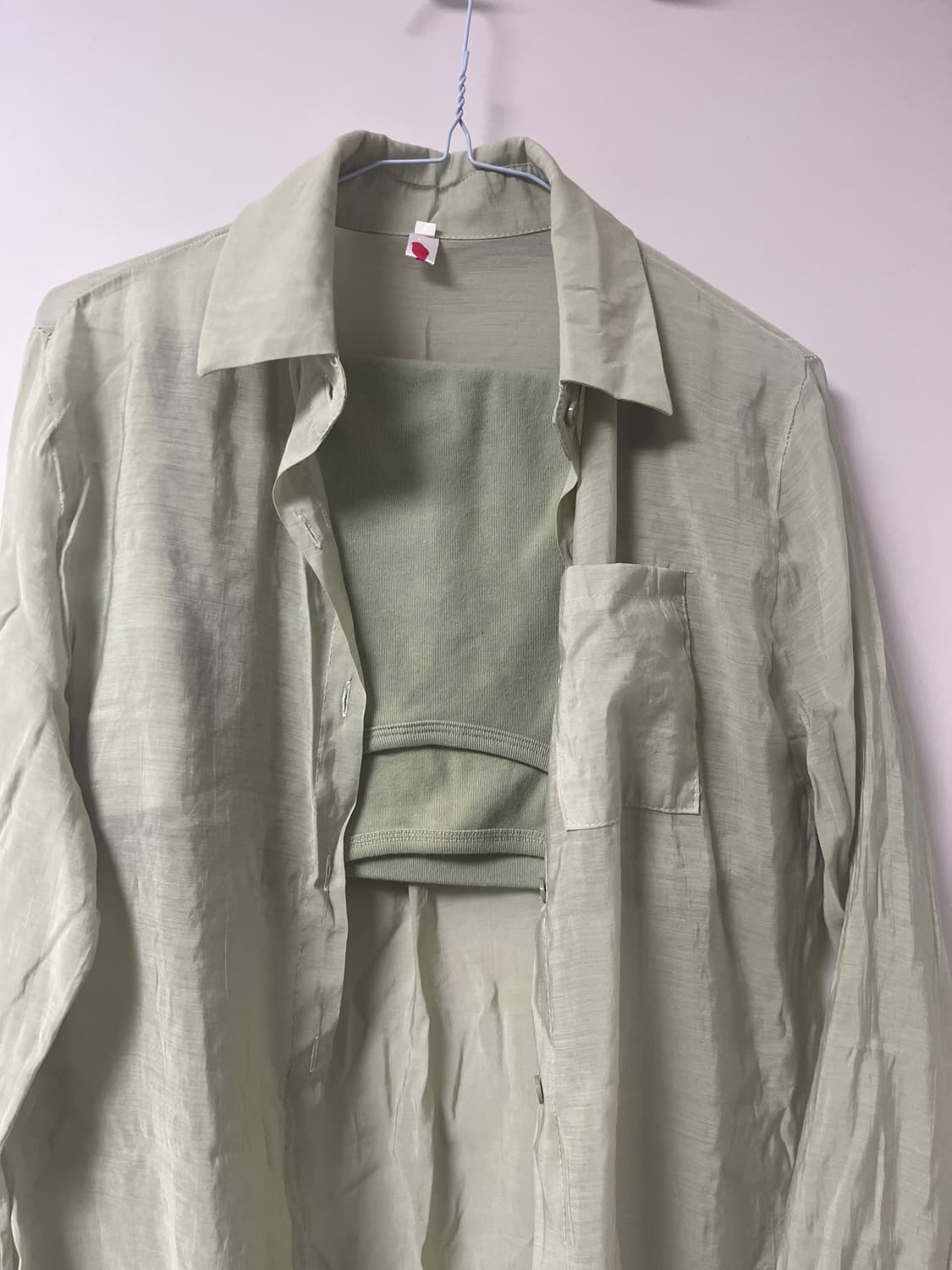 연두색 반팔티 시스루 셔츠 세트 상품이미지1