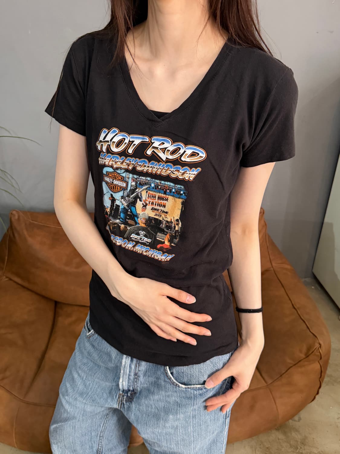 00’s 할리데이비슨 블랙 핫로드 브이넥 반팔티 상품이미지2