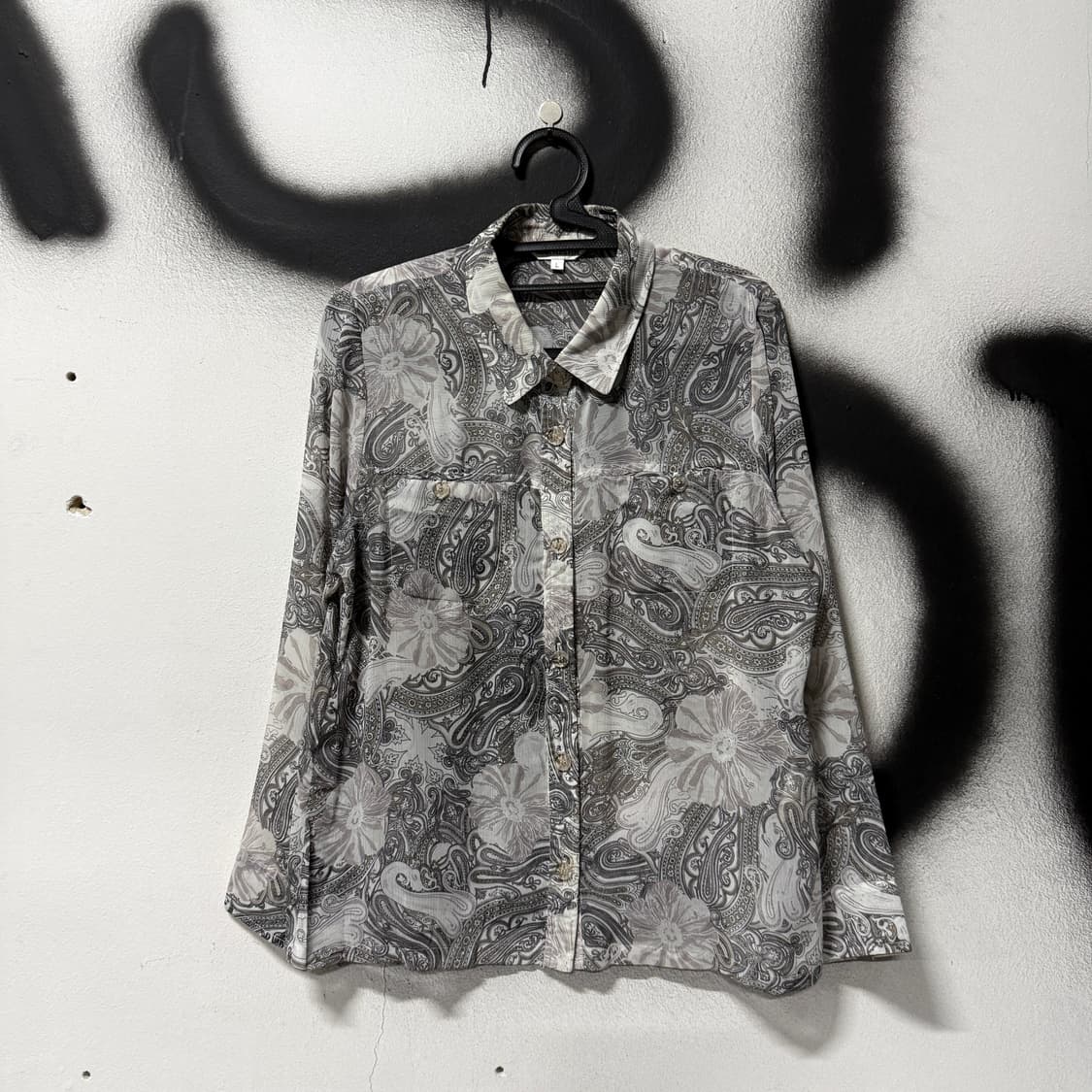 VTG 빈티지 오리엔탈 페이즐리 풀 패턴 시스루 더블 포켓 긴팔 셔츠 상품이미지1