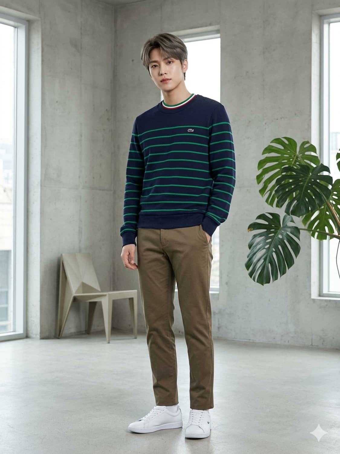 라코스테 네이비 그린 스트라이프 버튼 맨투맨 상품이미지1