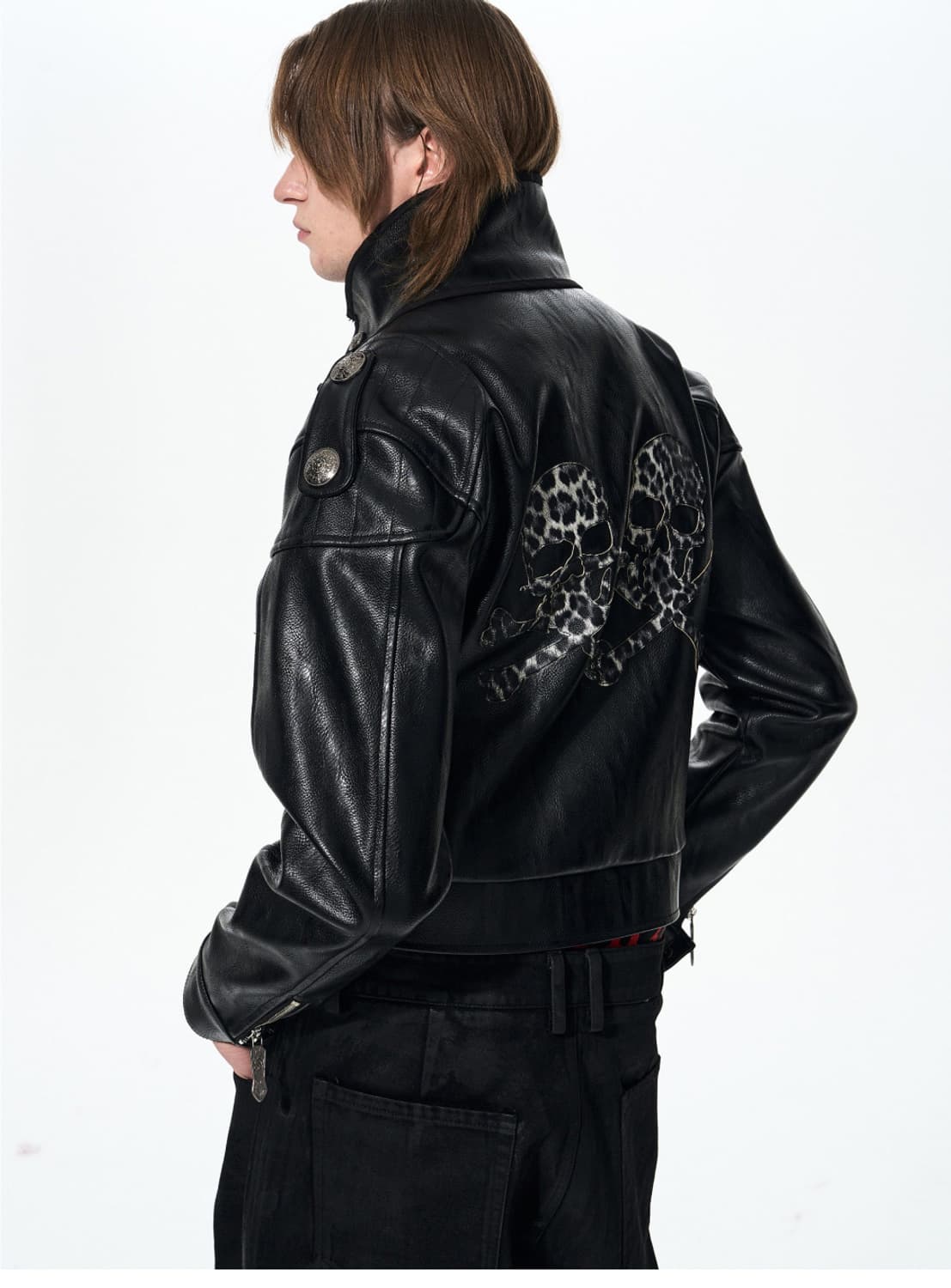 Skull Appliqué Leather Jacket 상품이미지7