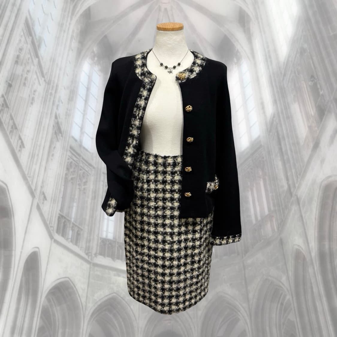 일본 빈티지 울100 클래식 금장 블랙 트위드 셋업 상품이미지5