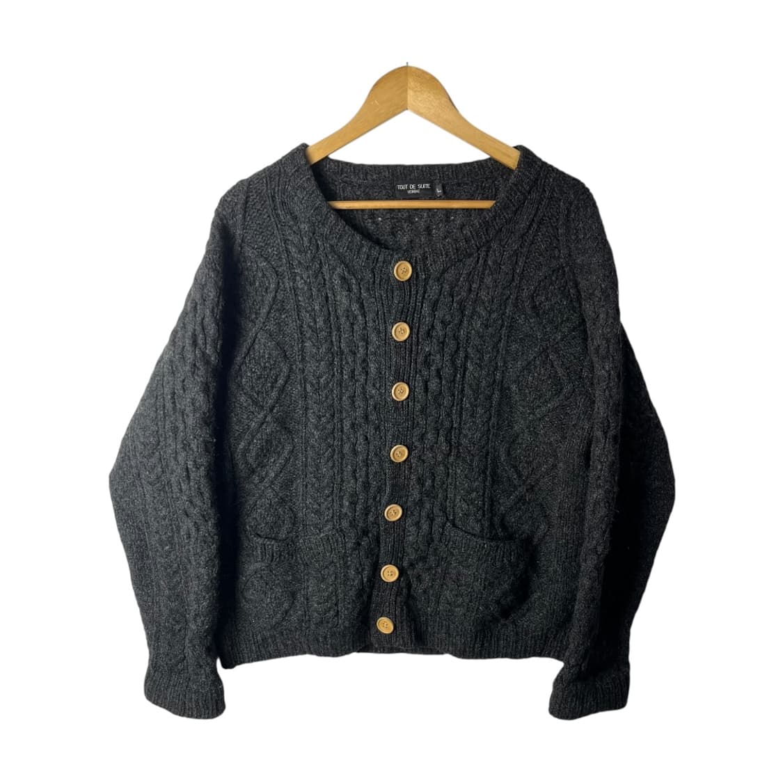 [JPN] 빈티지 우드버튼 아란 케이블 울 가디건 상품이미지1