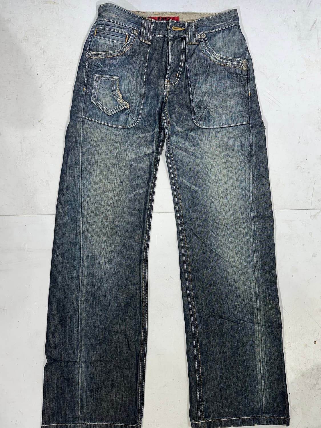 빈티지 중청 대장급 포켓 디테일 와이드 데님 팬츠 워싱 청바지 28  상품이미지4