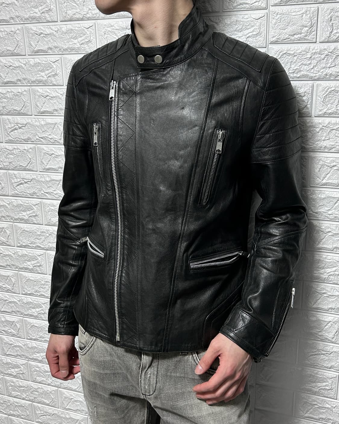 사선 레더 바이커 자켓 상품이미지1