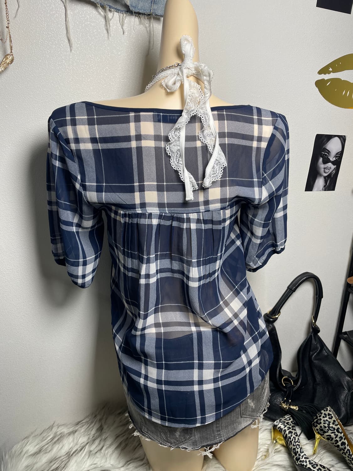 Abecrombie 아베크롬비 네이비 체크 블라우스 상품이미지2