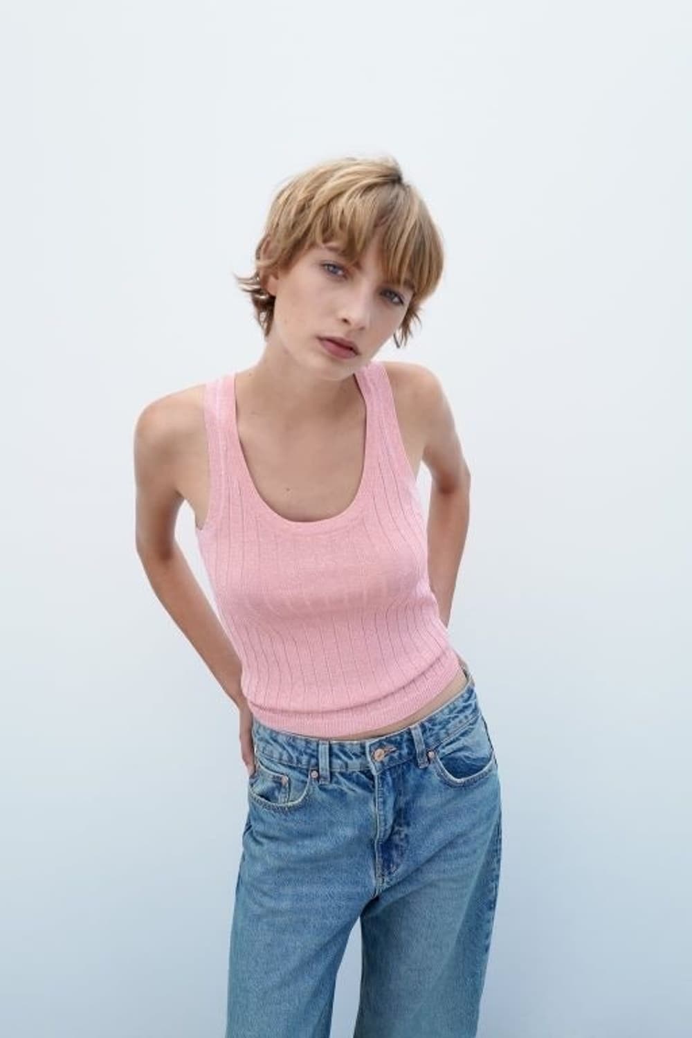 ZARA 자라 메탈릭 얀 니트 탑 핑크 S, 자라 니트 나시 핑크 상품이미지2