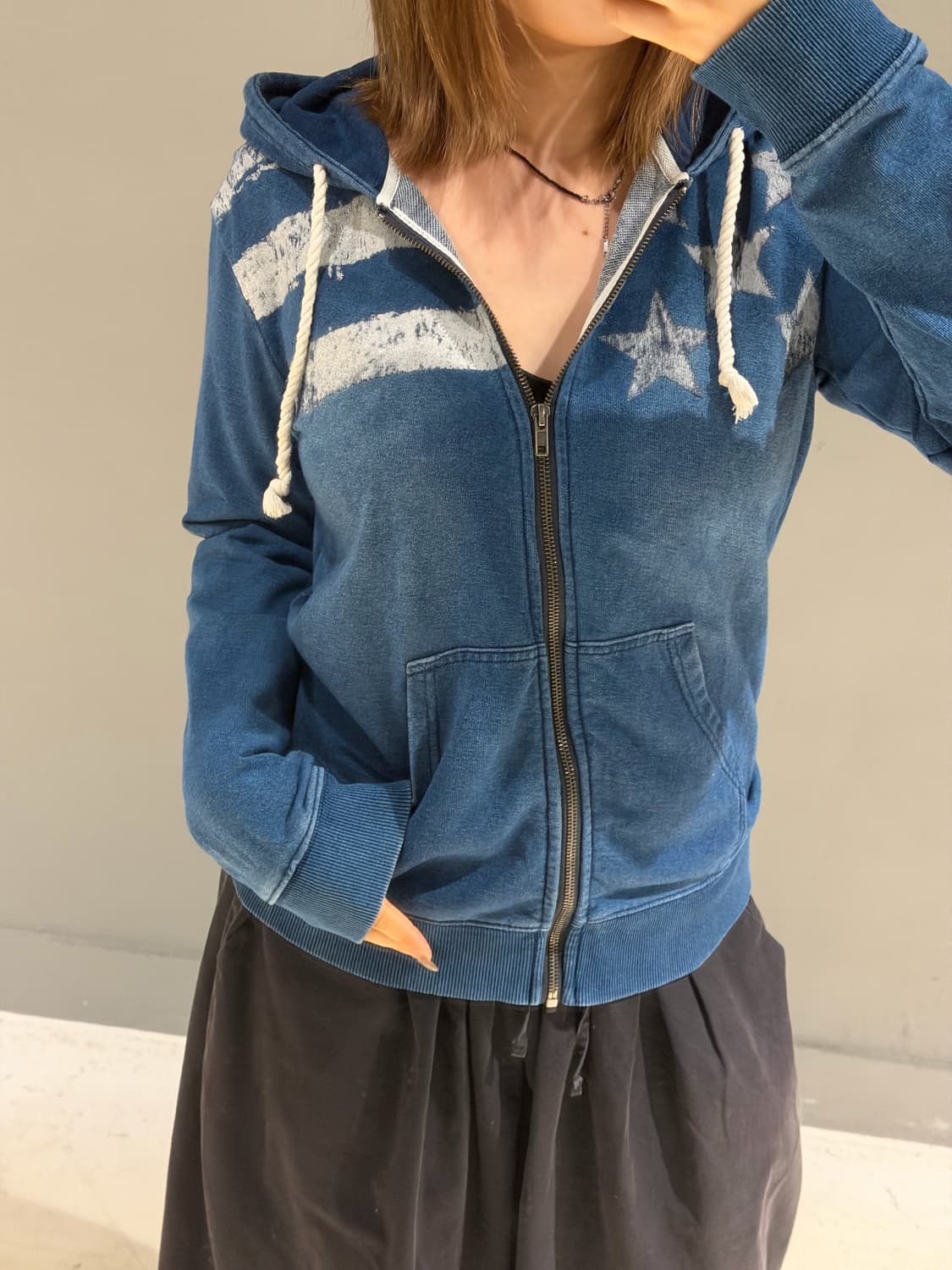 star pattern denim hood zip-up 상품이미지5