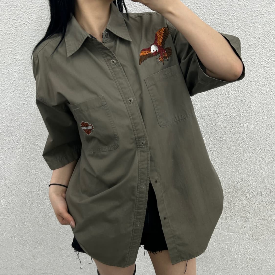 할리데이비슨 이글 자수 카키 반팔 셔츠 L 상품이미지1