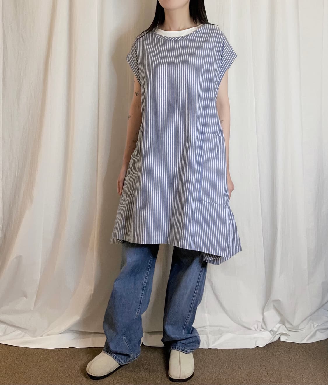 Stripe Sleeveless Wide Dress - Sky Blue 상품이미지5