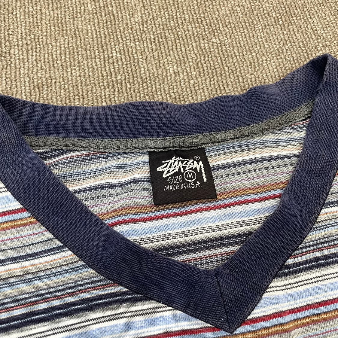 90s stussy made in usa 스투시 스트라이프 브이넥 티셔츠 상품이미지2