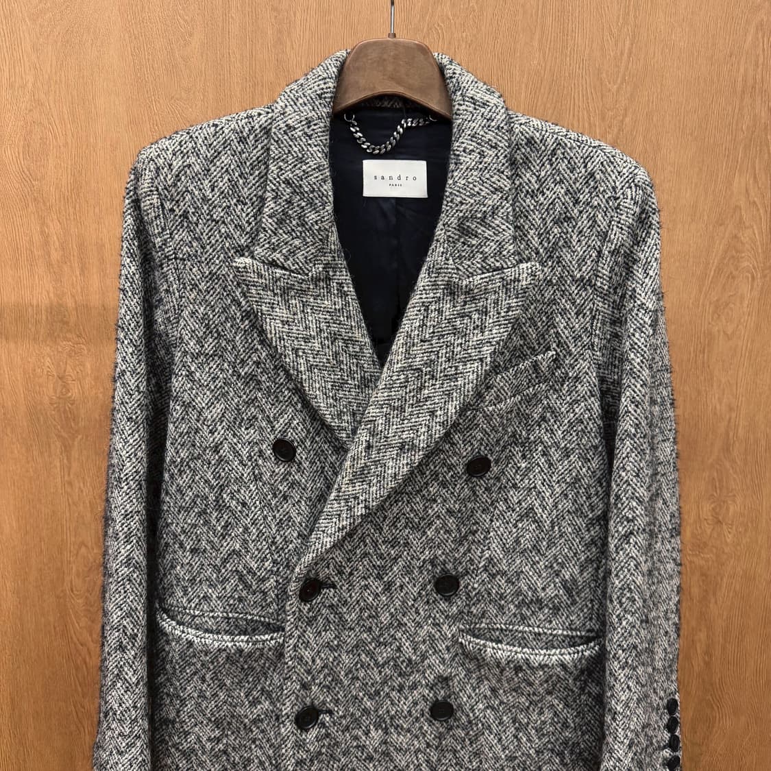 산드로 헤링본 코트 더블 브레스티드 테일러드 카라 포켓 디테일 그레이 상품이미지4