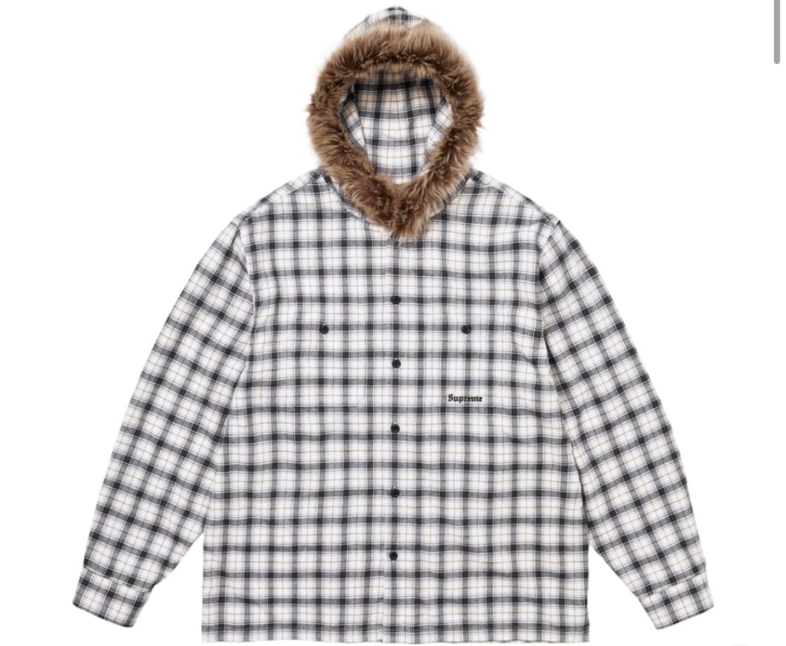 슈프림 퍼 트림 플란넬 후드 셔츠 화이트 플레이드 L사이즈 상품이미지1
