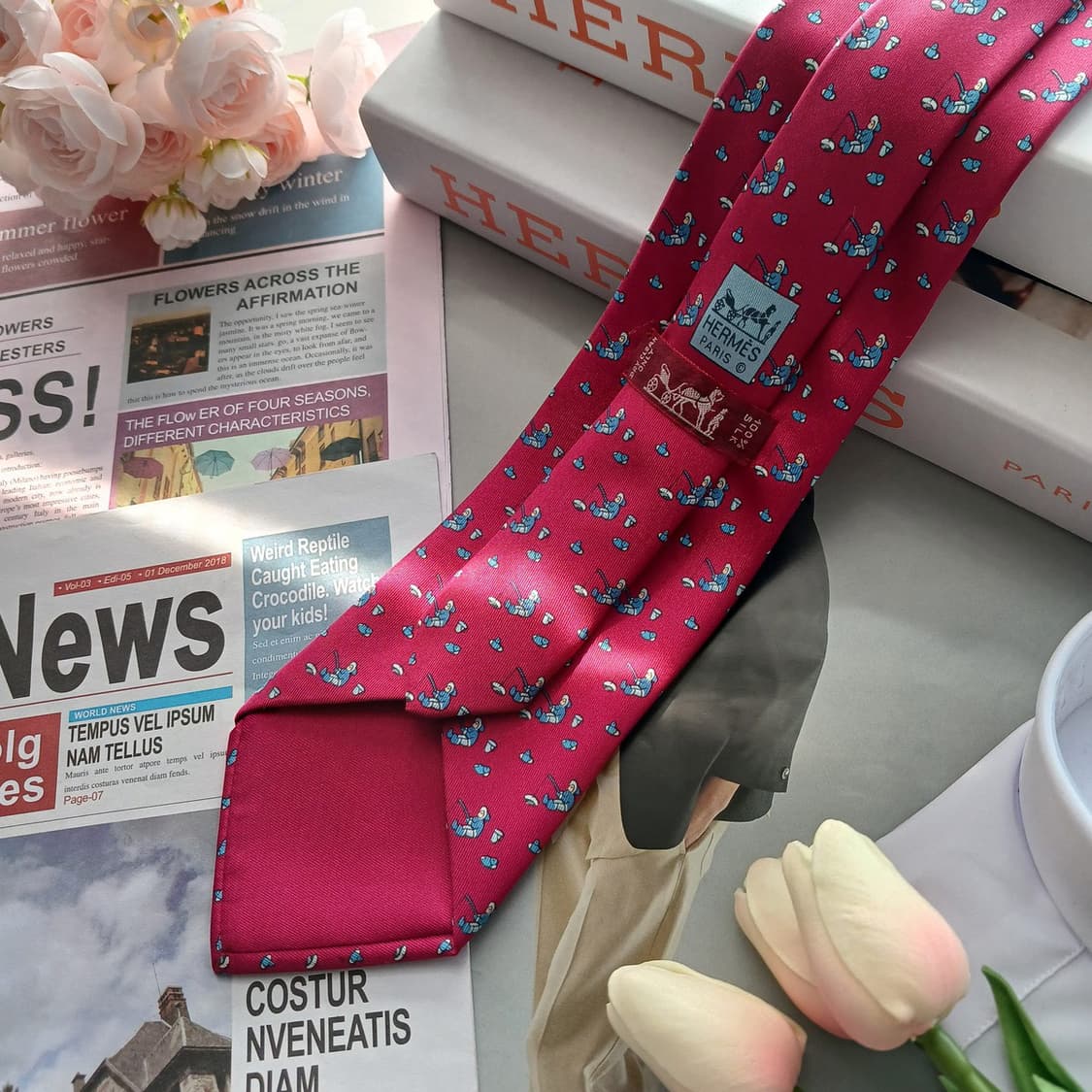 에르메스 실크 핫핑크 에스키모패턴 넥타이 9.2cm A-등급 A18754 상품이미지2