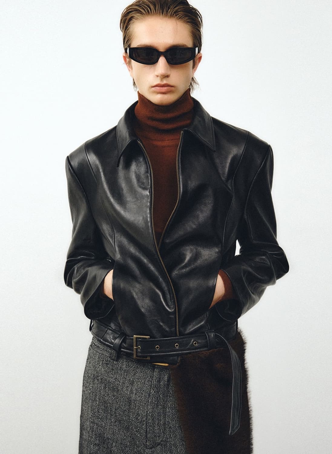 노이어 램스 레더 벨티드 크롭자켓 52사이즈 팝니다 상품이미지1