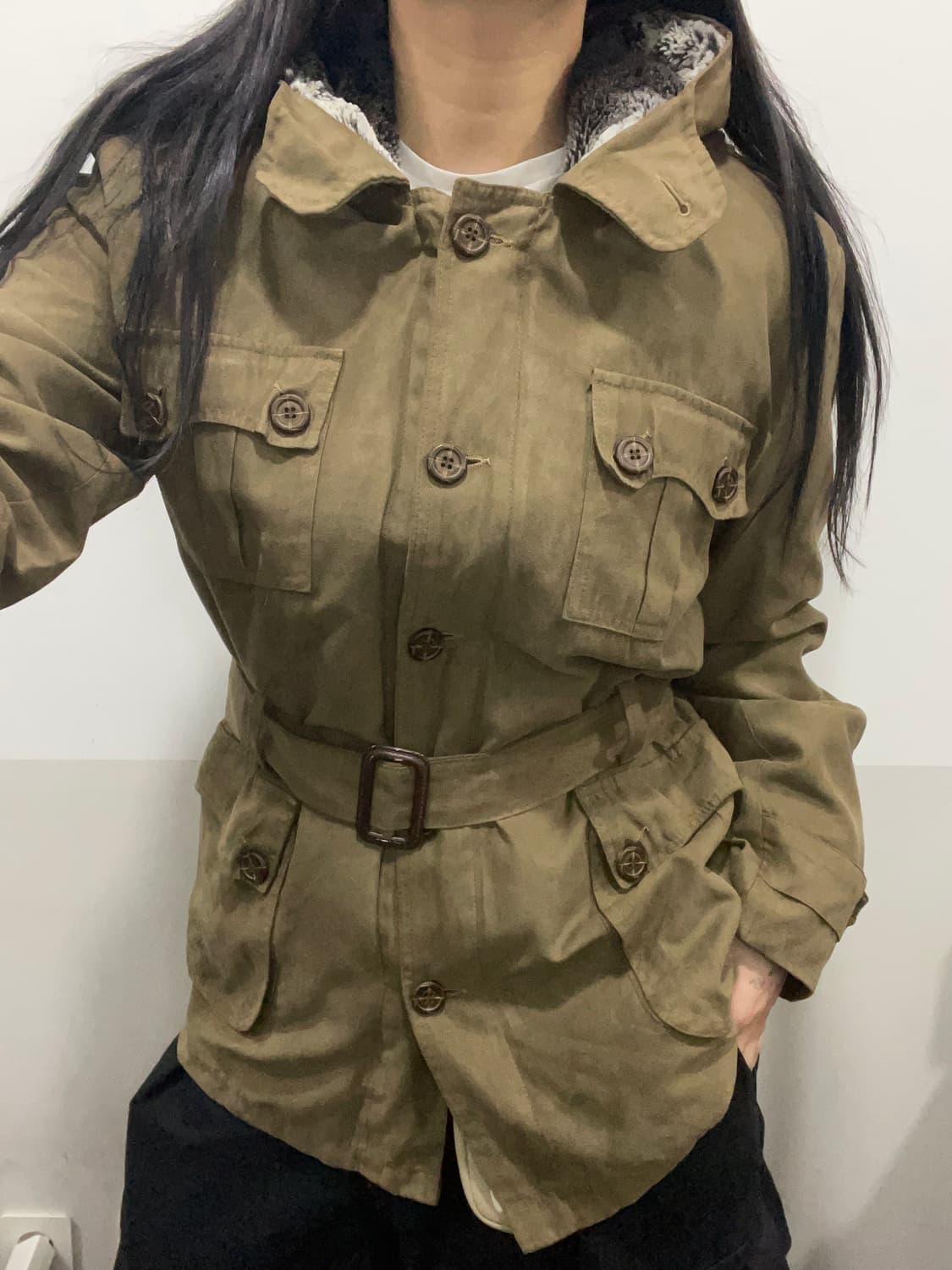 (빈티지)슬림핏 퍼 후드 멀티포켓 밀리터리 스웨이드 야상 자켓 상품이미지1