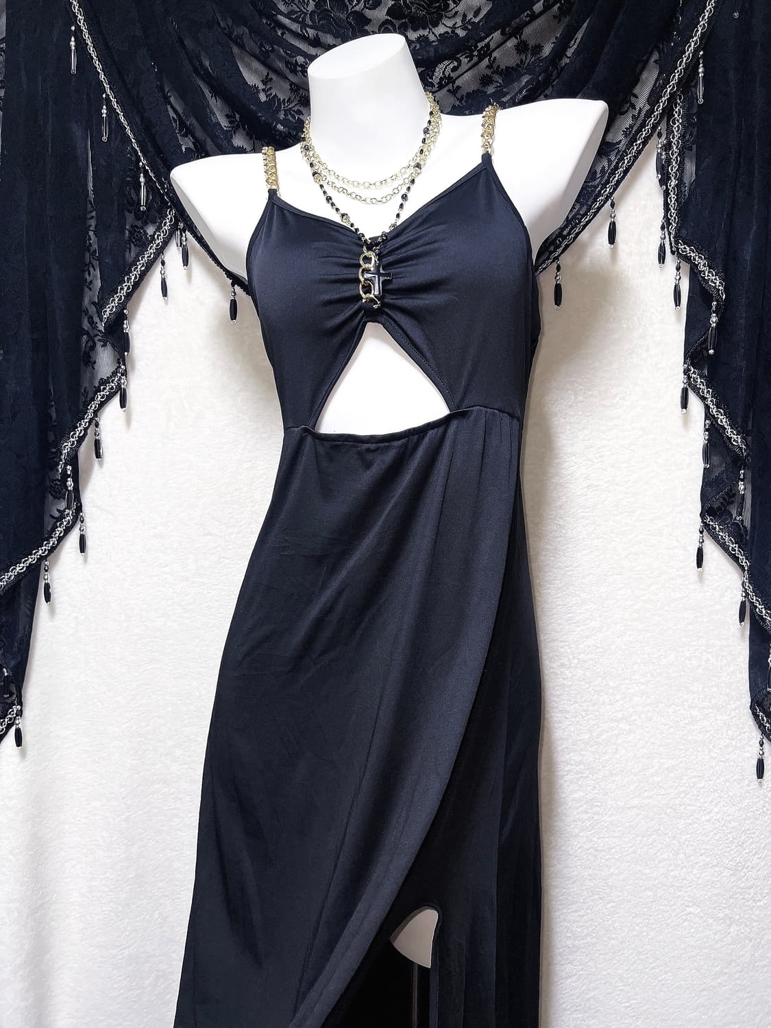 오네갸루 로맨틱고딕 고스펑크 금장체인 블랙 롱드레스 트임원피스 섹시 코스 상품이미지2