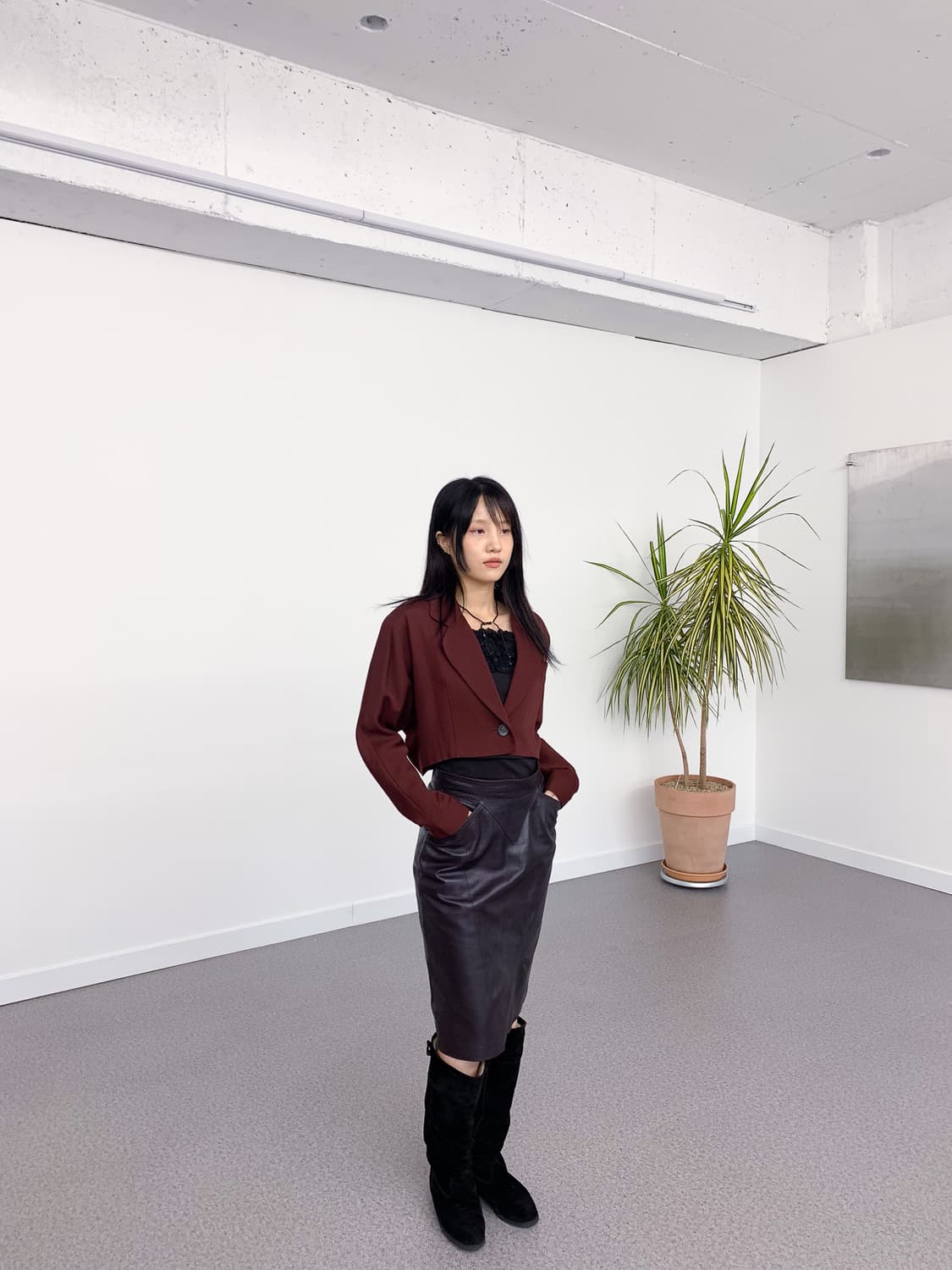 JPN 버건디 울 100% 크롭 블레이저 95-100 상품이미지2