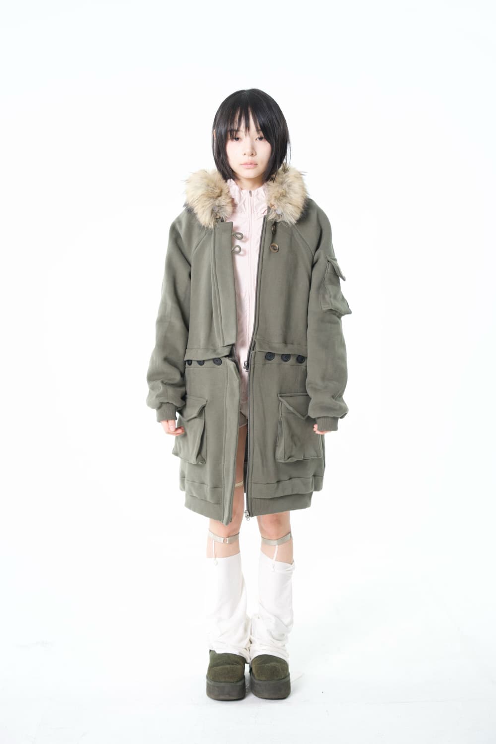오스하이 2way Fur Hood Zip Up Khaki 상품이미지1