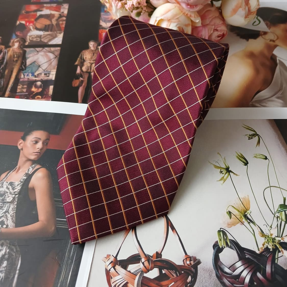 아쿠아스큐텀 실크 버건디 체크 패턴 넥타이 9.3cm A등급 A19742 상품이미지3