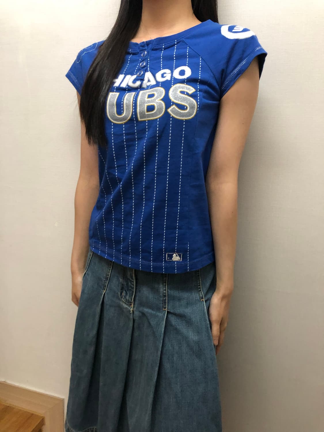 빈티지 mlb 블루 스트라이프 티셔츠 상품이미지6