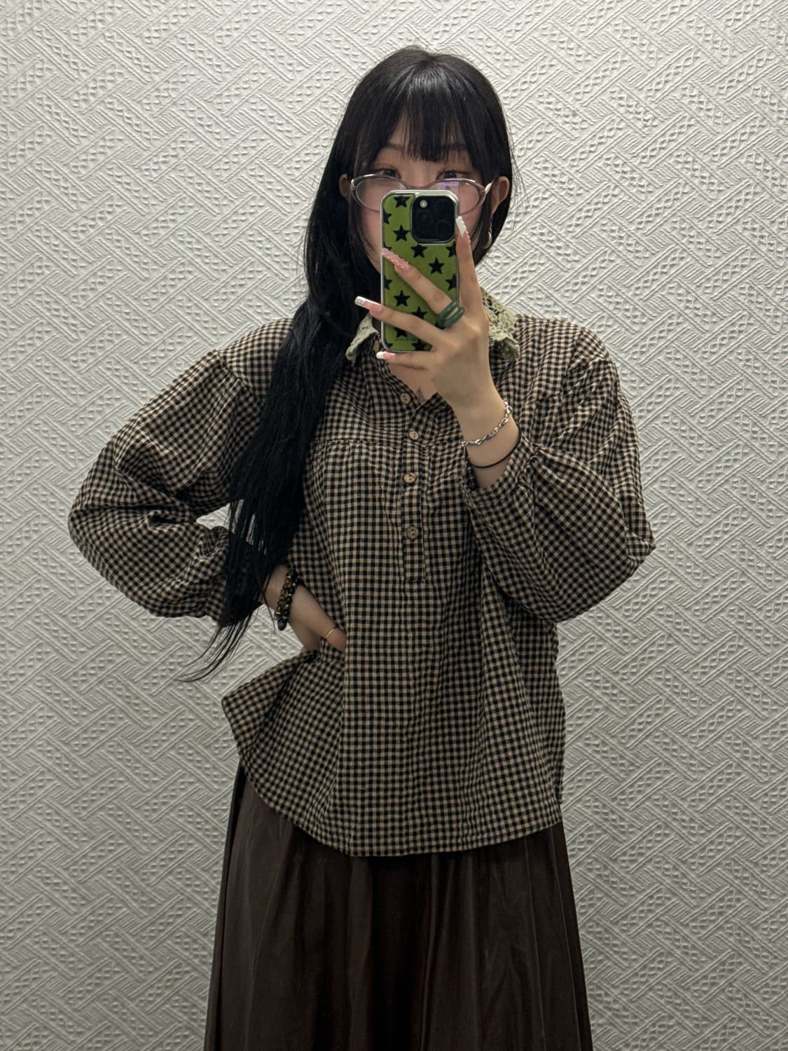 빈티지 코지 모리걸 로코코 베이비돌 레이스 카라 체크 블라우스 K0334 상품이미지1