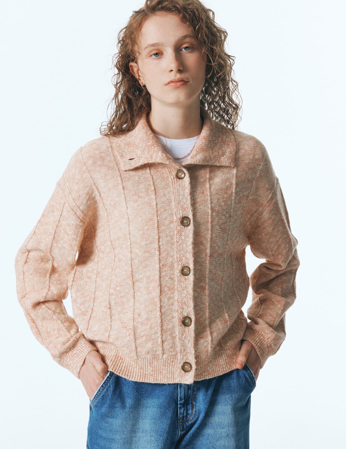 [시티브리즈] 투톤 카라 니트 가디건 ORANGE / 코랄핑크 상품이미지1