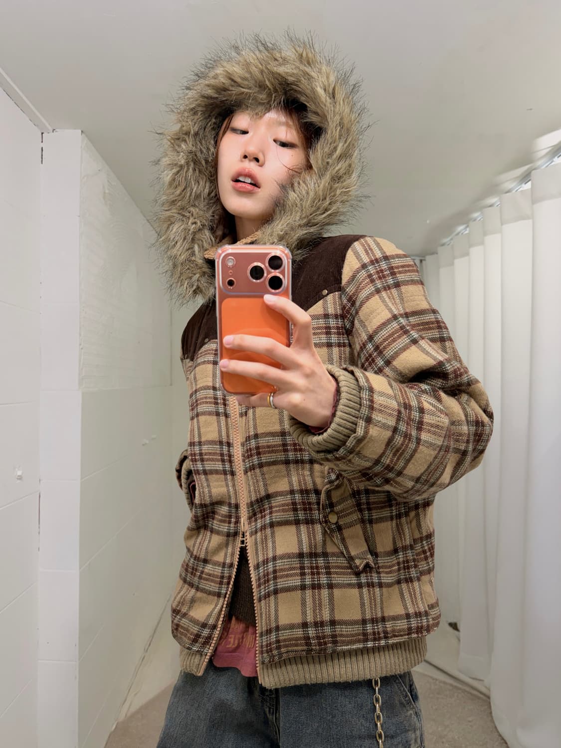 빈티지 브라운 체크 웨스턴 디테일 퍼 패딩 자켓 상품이미지2