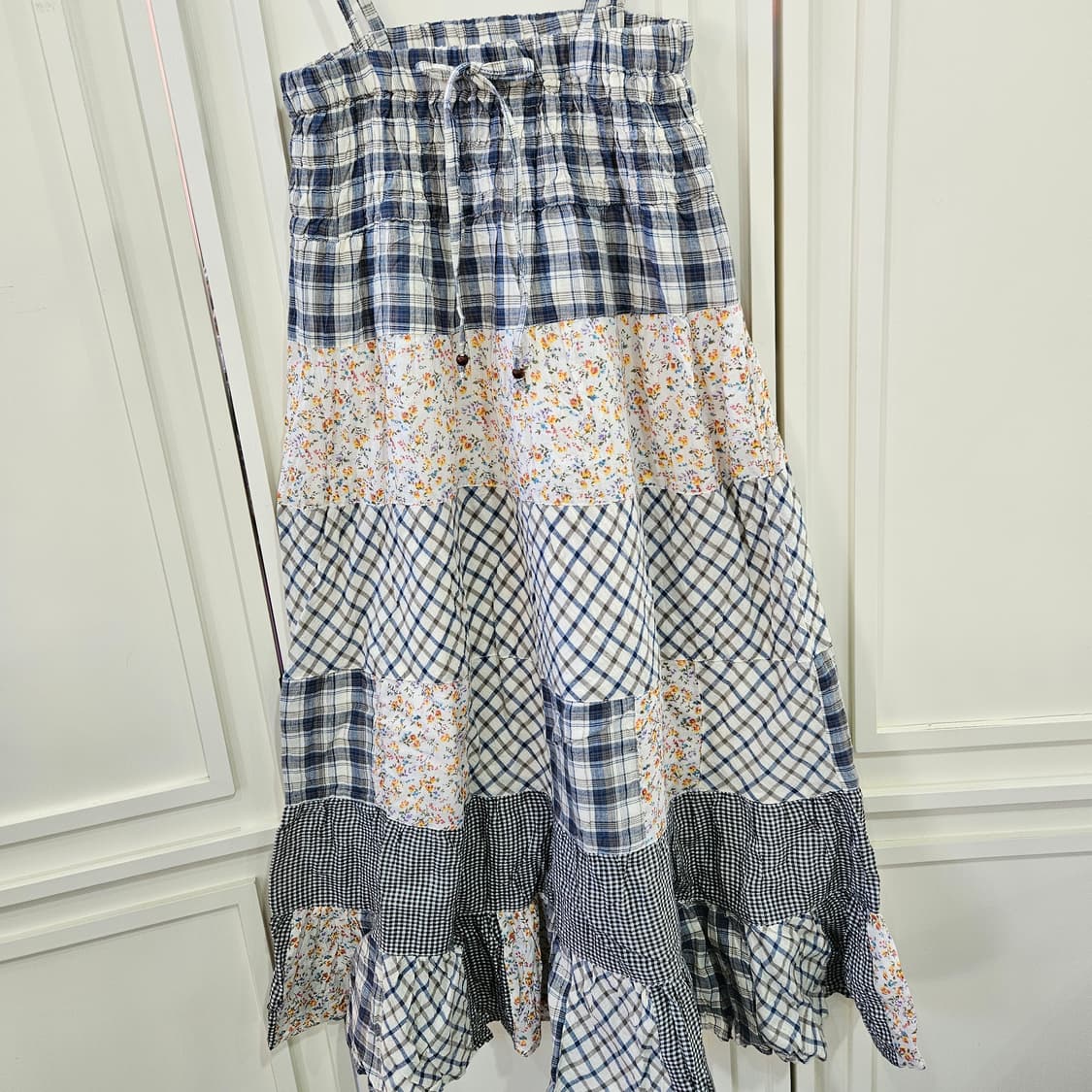 패치워크 체크 플라워 끈 원피스 상품이미지5