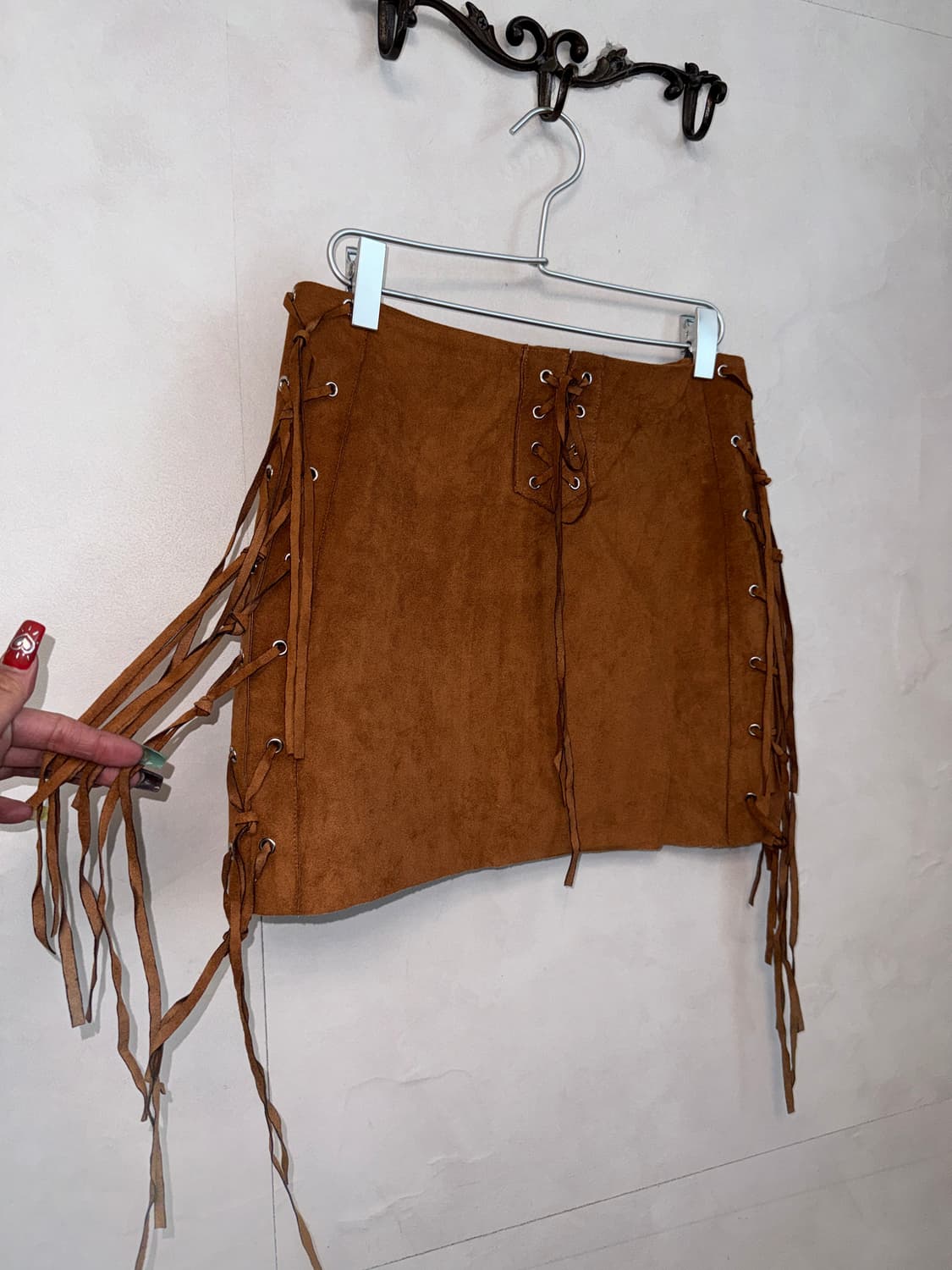 Camel brown western fringe laceup skirt  상품이미지1
