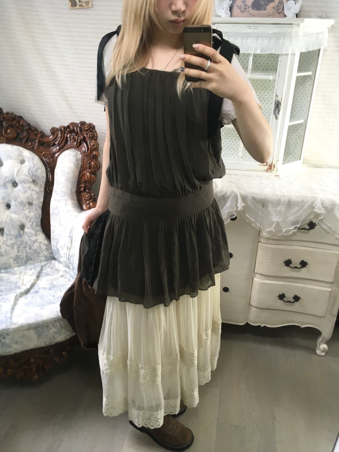 빈티지 아카이브 카키 레이스 리본 원피스 상품이미지2