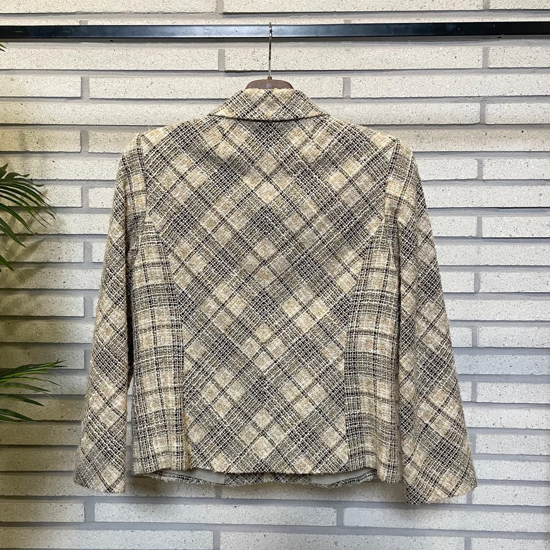 JPN VINTAGE 트위드 집업 자켓 하이넥 체크 패턴 디테일 아이보리 상품이미지3