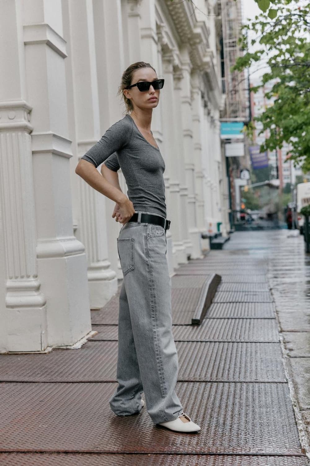 ZARA 자라 립 레귤러 티셔츠 그레이, 자라 딥 라운드 티셔츠 상품이미지4