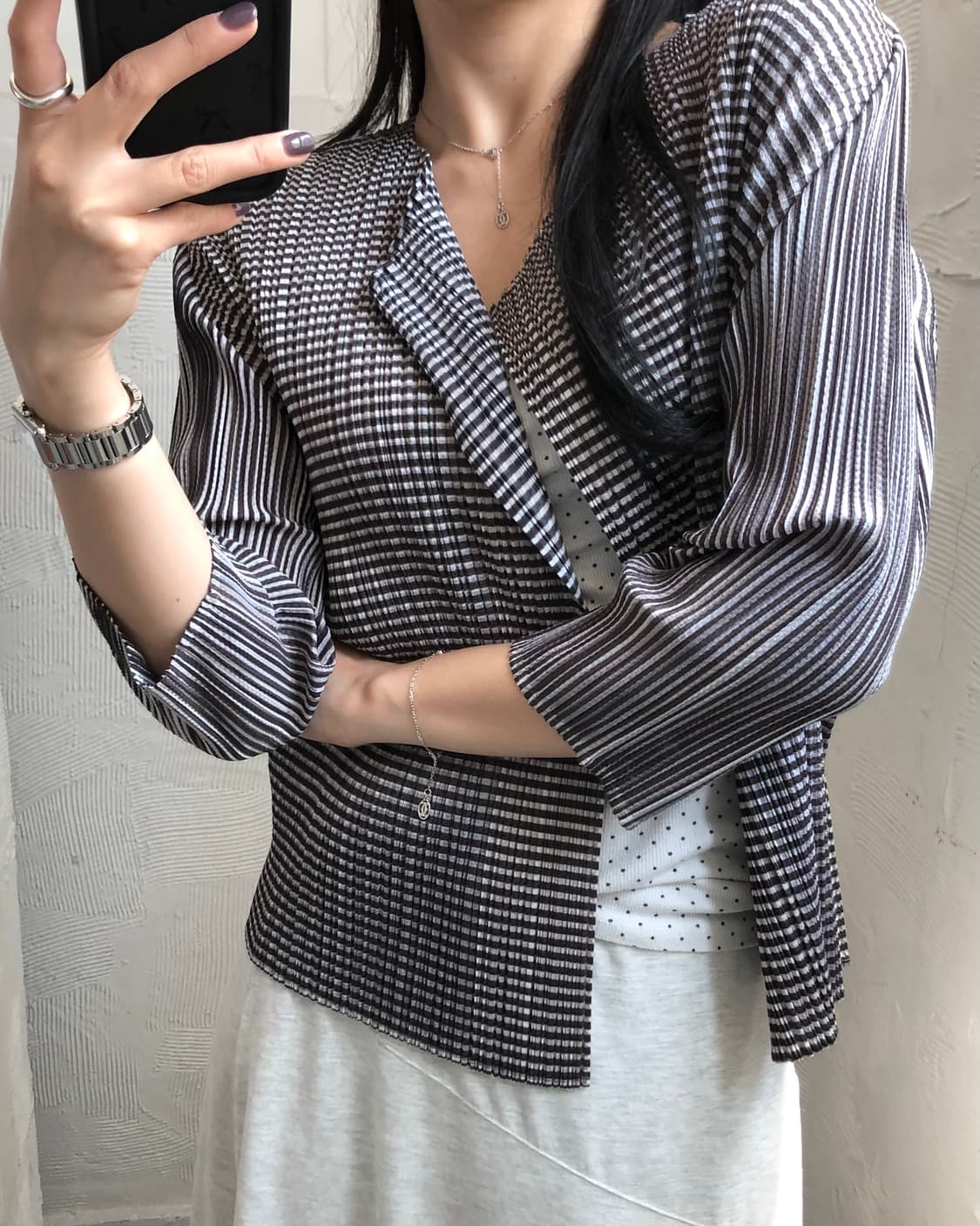 Issey Miyake 플리츠플리즈 스트라이프 오픈 가디건 상품이미지1