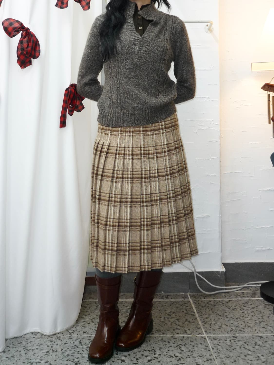 Yellow beige Scottish skirt 상품이미지3