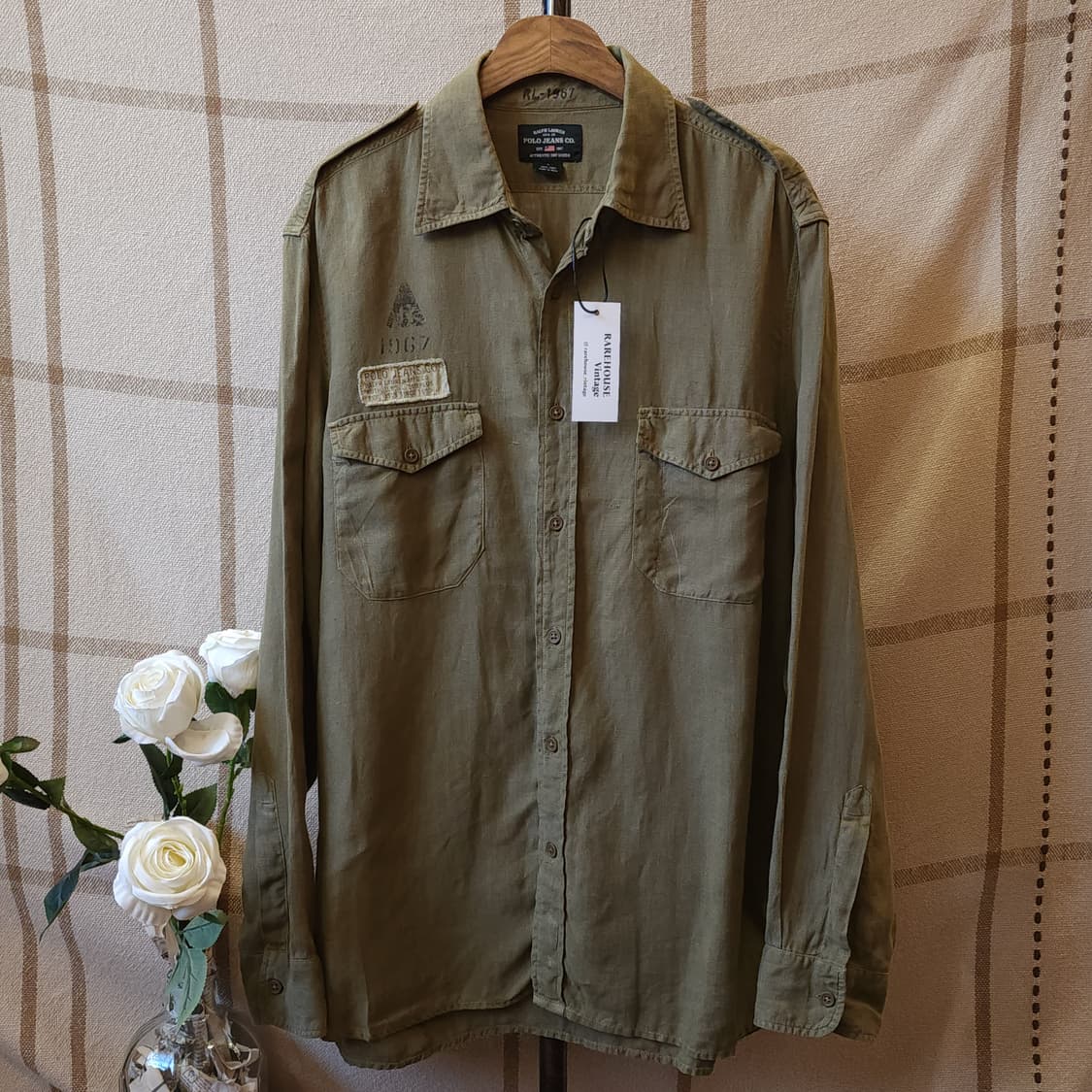 00년대 폴로 진스 컴퍼니 미 육군 밀리터리 투포켓 린넨 셔츠 L 상품이미지2