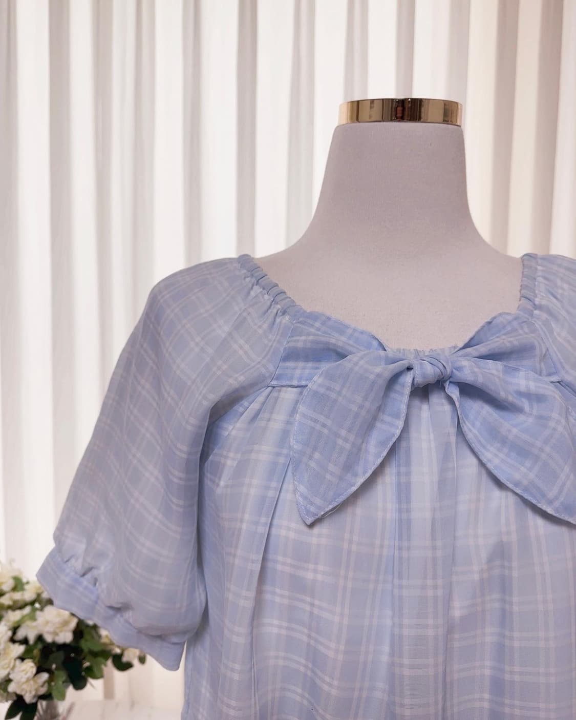 쉬폰 체크 벌룬소매 리본 블라우스 상품이미지3