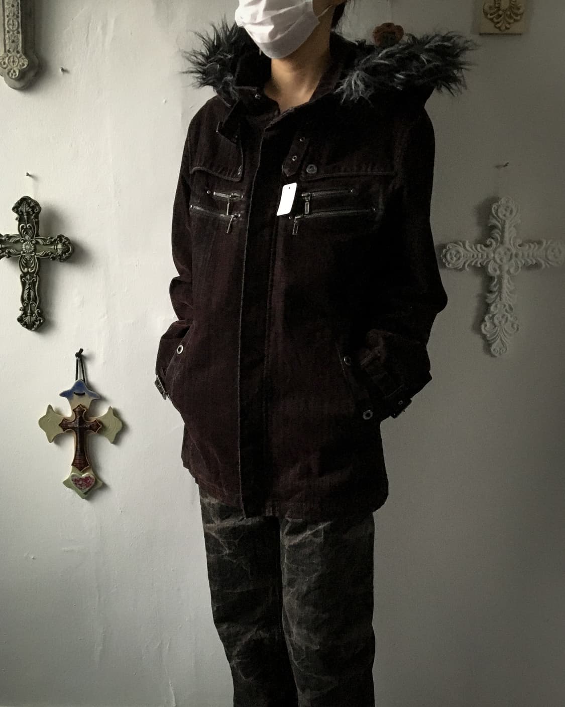 Fake fur hood belted jacket 상품이미지1