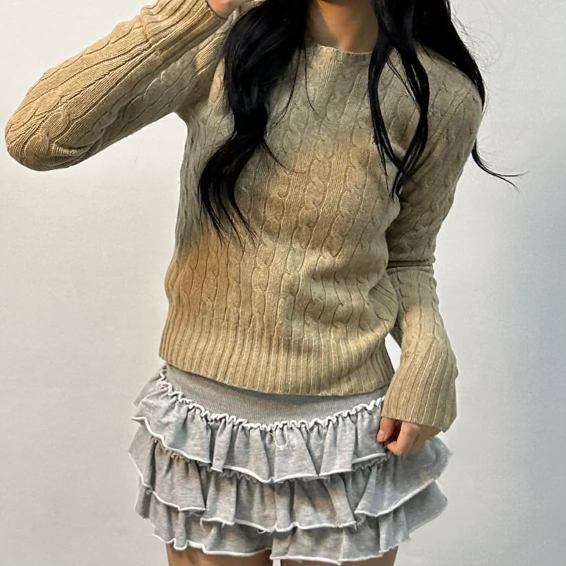 폴로 랄프로렌 울 캐시미어 베이지 핀터깔 케이블 걸즈 크루넥 니트(L) 상품이미지1