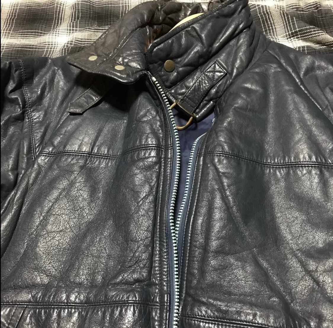 레어 - 재팬 빈티지 블루 블랙 리얼레더 소가죽 패딩 상품이미지4